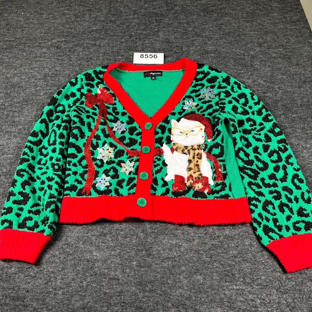 33 Degrees Crop Cardigan Sweater Womens M Green Ugly Christmas Cat Cheetah Print